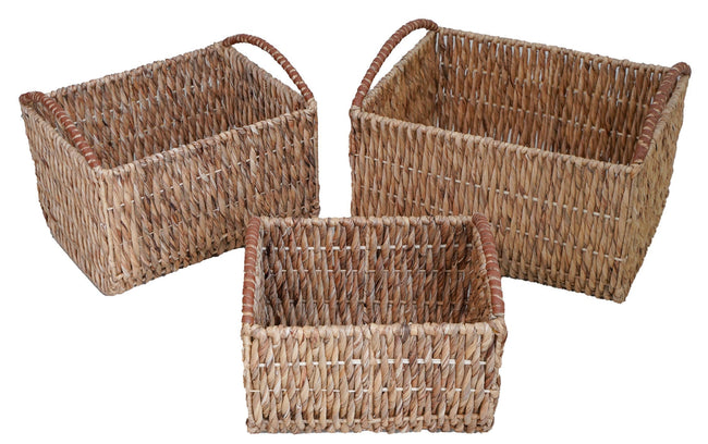 Rectangular Woven Natural Fiber Baskets with PU Leather Wrapped Handles 3 Piece Set