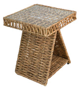 Geometric Woven Natural Fiber End Table with Tempered Glass Top and Shelf