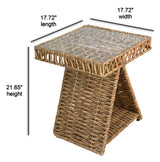 Geometric Woven Water Hyacinth End Table with Tempered Glass Top and Shelf